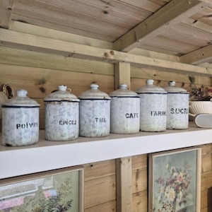 Vintage French enamel storage jars, French enamel pots, Blue and White Kitchen jars