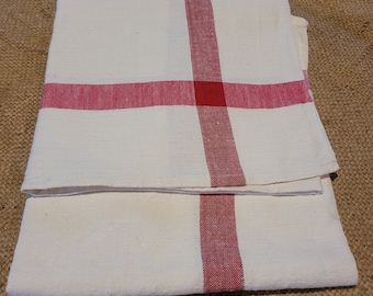 French tea towel, Vintage tourchon, Red and White tea towel, Linen