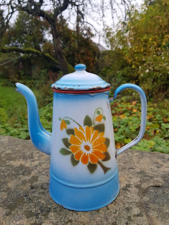 Blue Enamel Coffee Pot Flower Design 