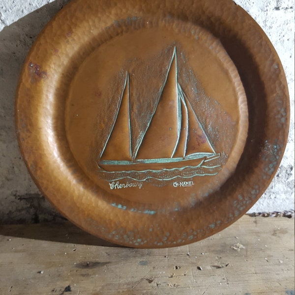 Vintage French Copper Plate, Copper plate boat image, Cherbourg copper plate, French boat plate, Copper, Vintage plate, Boat plate