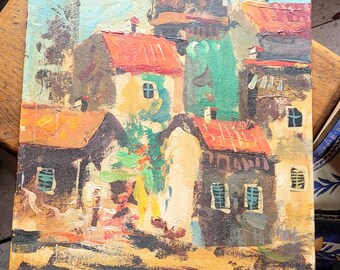 Vintage French painting, French art, Town painting, Vintage painting