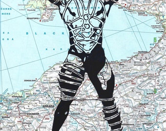 Hand drawn, homoerotic pop art, in on map paper, Tied Up by London gay artist NLMKART