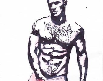 Original porn hairy chested hunky muscled guy with hands down tight shorts watercolour and pen gay artist NLMKART