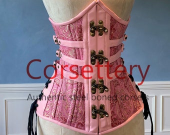 Steel Boned Underbust Steampunk Corset From Brocade With Real Leather With  Steampunk Hooks. Real Waist Training Corset for Tight Lacing. 