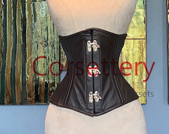 Real leather waist steel-boned authentic corset with steampunk hooks. Corset for tight lacing and waist training, steampunk, gothic