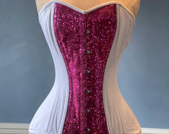 Tuna Sushi shiny sequins and cotton overbust authentic corset with long hip-line. Steel-boned corset for tight lacing, wedding, valentine