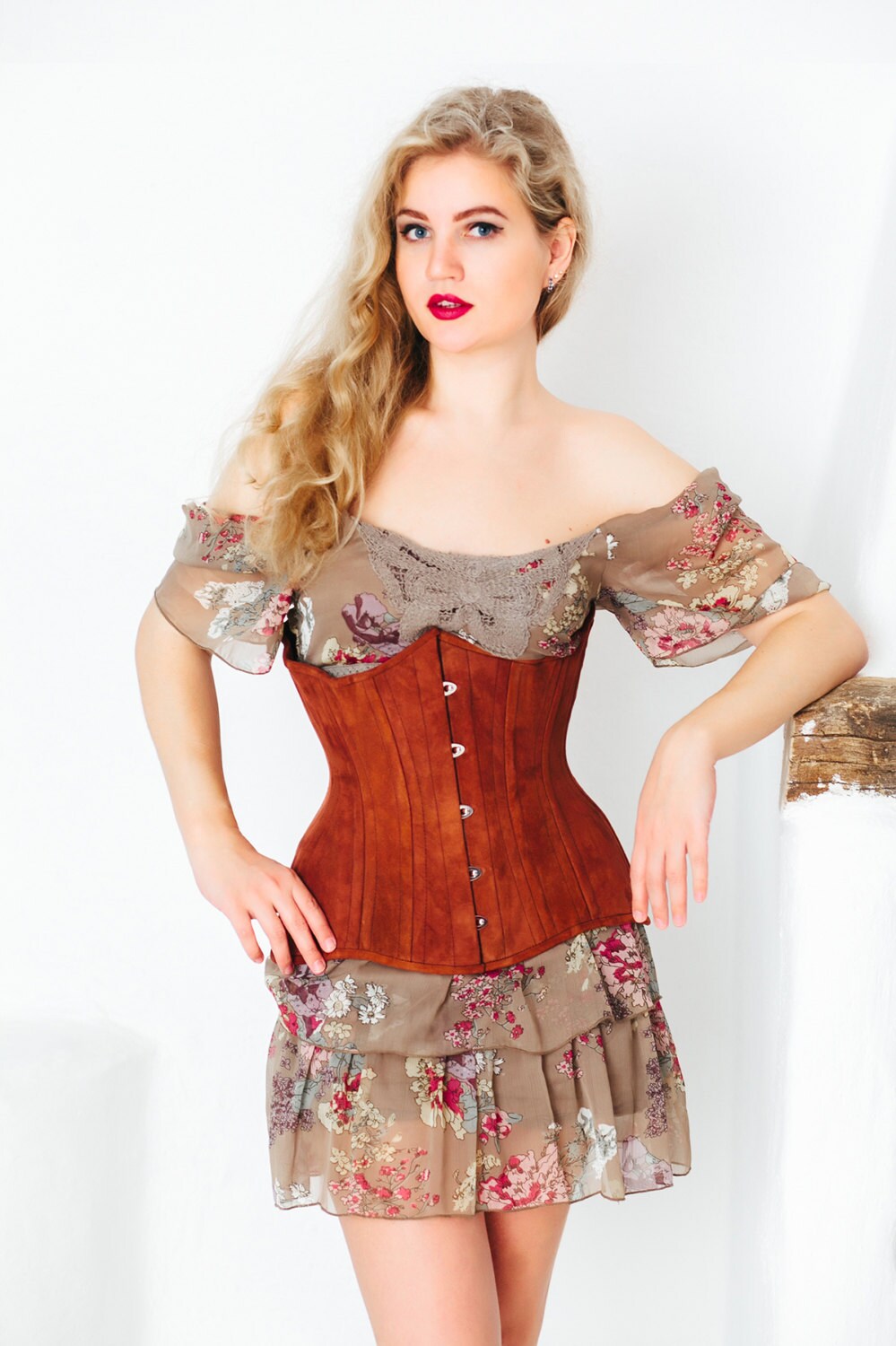 Real Double Row Steel Boned Underbust Corset From Real Brown Suede. Exclusive  Steampunk Historical Corset With Double Rows of Bones. 