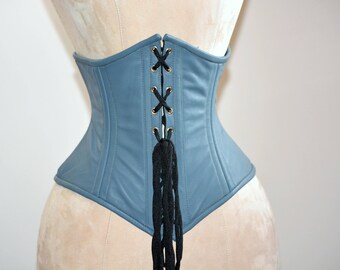 Authentic steel boned underbust corset from hand dyed lambskin. Waist training corset for tight lacing. Trendy fashion leather gray belt