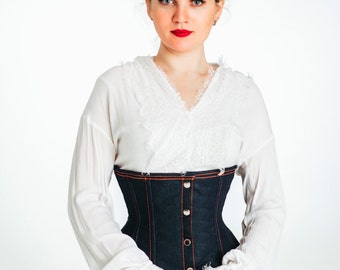 Denim waist steel-boned authentic corset. Corsettery Western Collection. Tight lacing and waist training, steampunk, gothic, pirate