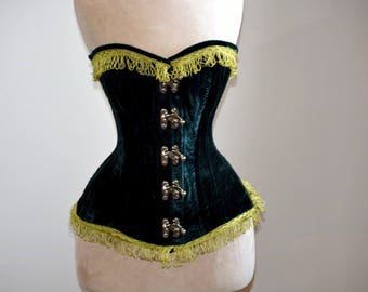 Corset exclusif en velours vert de la collection Western, steampunk, burlesque, cosplay de cirque, entraînement à la taille authentique, cadeau, pirate