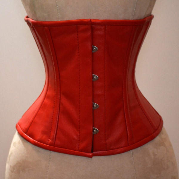 Hand dyed lambskin waist steel-boned authentic corset of red color. Bespoke corset for tight lacing and waist training, steampunk, gothic