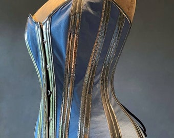 Long corset en cuir et PVC avec baleines longues, double os en acier, corset bleu et argent, corset blanc et or