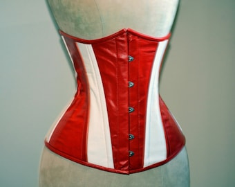 Hand gefärbtes Lammleder Captain America Cosplay Korsett in rot und weiß, Stahl entbeint exklusives Korsett, Steampunk Lederkorsett