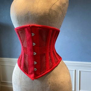 Real steel boned underbust underwear red corset from transparent mesh and cotton. Real waist training corset for tight lacing.