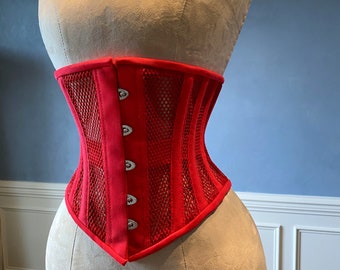 Real steel boned underbust underwear red corset from transparent mesh and cotton. Real waist training corset for tight lacing.