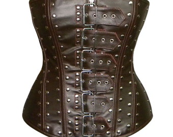 Lambskin steampunk style corset (brown and black). Gothic, steampunk, alt, overbust, real leather, metal, bdsm, bespoke real leather corset.