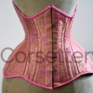 Double row steel boned underbust corset from pink and gold brocade. Real waist training corset for tight lacing. Gothic, steampunk corset