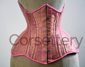 Double row steel boned underbust corset from pink and gold brocade. Real waist training corset for tight lacing. Gothic, steampunk corset