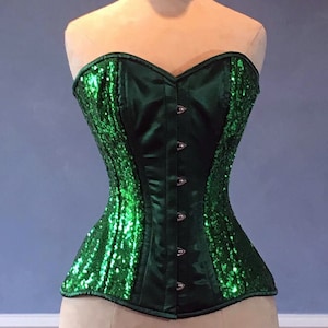 Shiny sequins  and satin overbust authentic corset with long hip-line. Steel-boned corset for tight lacing, Poison Ivy cosplay green corset