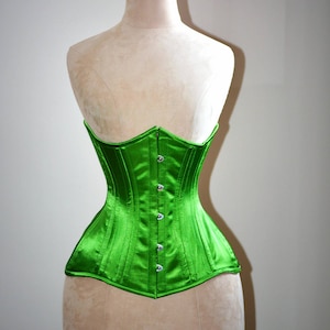 Real double row steel boned underbust corset from satin in a fashionable green grass summer color. Gothic, steampunk corset, gift, prom