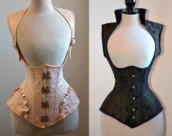 De set van 2 vesten met kraag: gothiczwart en steampunkkorsetten. Victoriaans, goedkoop steampunk-korset, cadeau vriendin, historisch korset