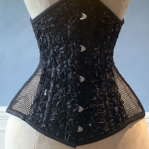 Real steel boned underbust corset from mesh wish embroided front and back. Waist training corset for tight lacing. Gothic, steampunk corset
