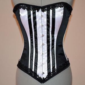 Long black and white satin corset with black lace trim. Gothic, historical, stempunk, prom, gift corset, couture, steel-boned, Victorian