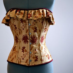 Cute floral brocade overbust corset with frill. Historical authentic steel-boned corset, steampunk, cosplay, gothic corset. Gf, wife gift