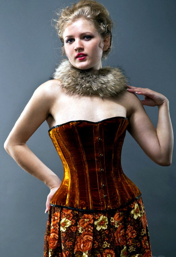 Velvet halfbust steel-boned authentic heavy corset, rust color sale from  stock, ready to ship. Classic Victorian design for steampunk