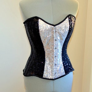 Shiny sequins overbust authentic corset with long hip-line. Steel-boned for tight lacing. Prom, shiny burlesque, cosplay, couture corset