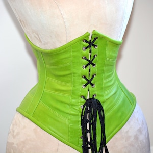 Authentic trendy steel boned underbust lambskin corset. Waist training leather corset for tight lacing. Trendy fashion leather green belt