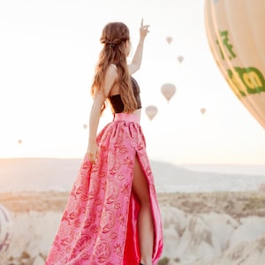 Just Breathtaking! Exclusive full shaped maxi skirt from thin exclusive floral pink brocade with gold. Skirt with trail or with cut.