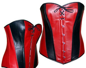 Lambskin full bust rock corset, red and black, gothic, moto corset from red or red and black leather with lace on the bust. Steelbone corset