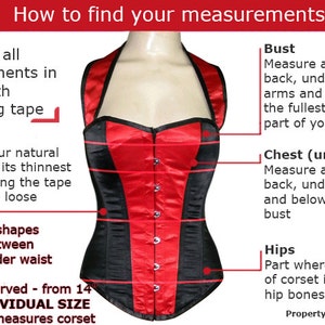 May include: Diagram showing how to measure bust, chest, waist, and hips for a corset. The diagram shows a red and black corset with a measuring tape.