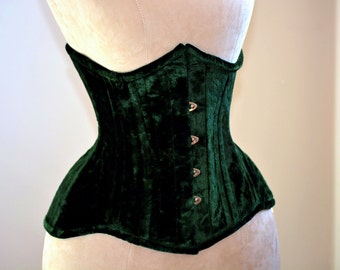 Corset en velours véritable à double rangée de baleines en acier, de forme courte avec de longues hanches. Corset d'entraînement à la taille en sablier, gothique, laçage serré