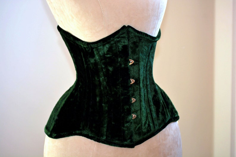 Real double row steel boned underbust velvet corset of short design with long hips. Hourglass waist training corset, gothic, tight lacing 
