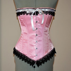 Historic pink satin overbust authentic corset with black lace. Steel-boned corset for tightlacing. Prom, gothic, steampunk Victorian corset.