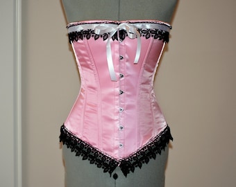 Historic pink satin overbust authentic corset with black lace. Steel-boned corset for tightlacing. Prom, gothic, steampunk Victorian corset.