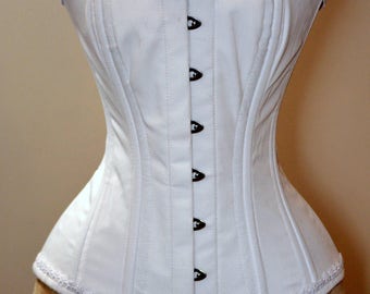 Authentic cotton corset: vintage cotton overbust corset, black or white. Steelbone custom made corset, gothic, steampunk, bespoke, victorian