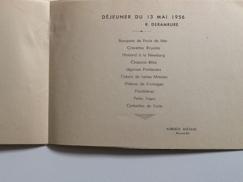 25 /% **DESTOCK**Vintage 1950 French Brittany Illustrated MENU French GASTRONOMY Mid Century with sweetbreads recipe Vintage 13 mai 1956