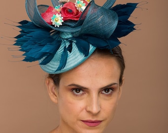 Cora- navy blue fascinator with shimmer flower and red abaca fiber pop. kentucky derby.