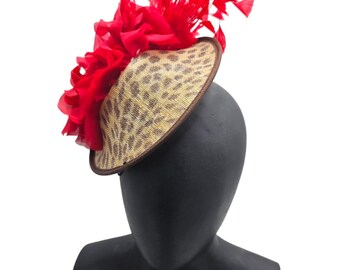 Brown animal print fascinator red flower. spring luncheon brunch tea party hat. hair accessory. derby race hat for kentucky. wedding.