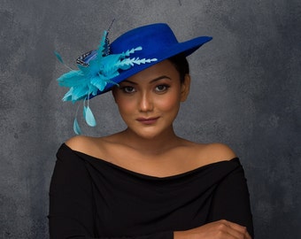 Vintage Blue Feather Bow Felt Women\'s Hat 100% Wool Derby Wedding Church Vintage Blue Feather Bow Felt Women main image 2