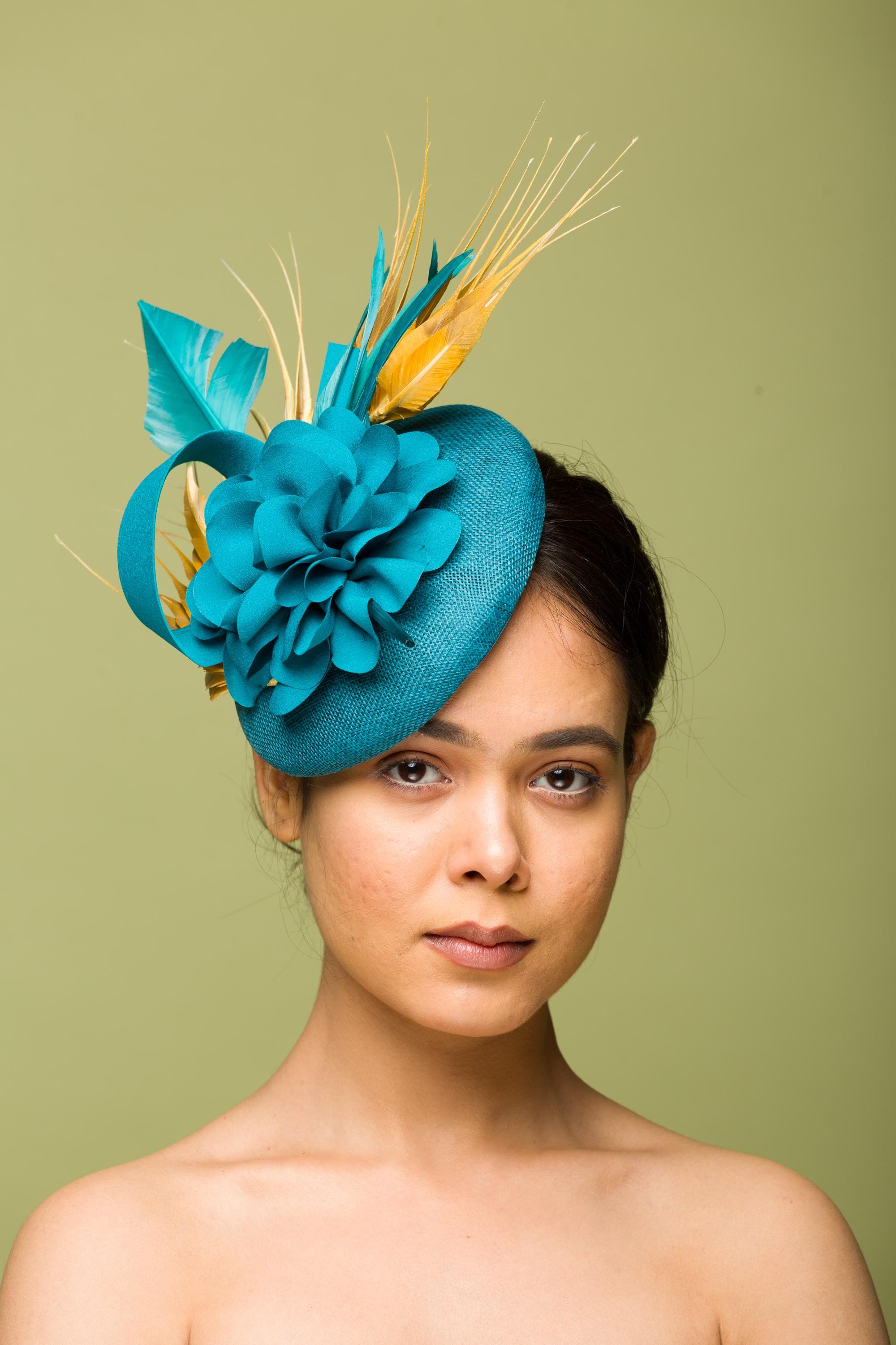 Derby Fascinator Teal With Gold feathers (Annamarie). Royal Ascot, Kentucky Derby, new york luncheon, church hat