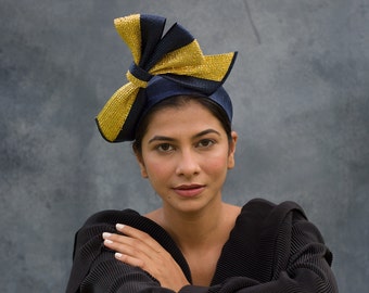 Navy blue headband. big gold bow. hair accessory. derby hat. minimal modern fascinator for special occasion. wedding hair race thanks giving