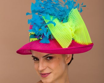 Dorothy- Pink wavy brim hat kentucky derby with yellow and blue pop matching outfits. oaks day hat. luncheon sun hat. brunch church hat.