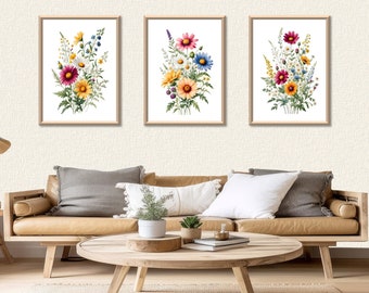 Lot de 3 impressions d'art murales fleurs sauvages | Décoration murale minimaliste | Art mural botanique | Téléchargement numérique | Imprimés floraux imprimables | Art floral