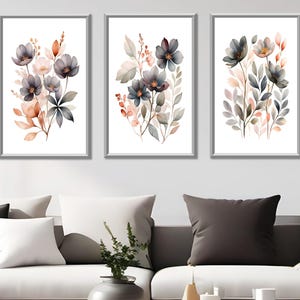 Set of 3 Neutral Watercolor Wildflower Prints | Minimalist Boho Wall Decor | Botanical Wall Art |  Digital Download Printable Floral Prints