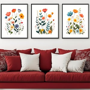 Set Of 3 Neutral Wildflower Prints | Minimalist Boho Wall Decor | Botanical Wall Art | Digital Download | PRINTABLE Floral Prints