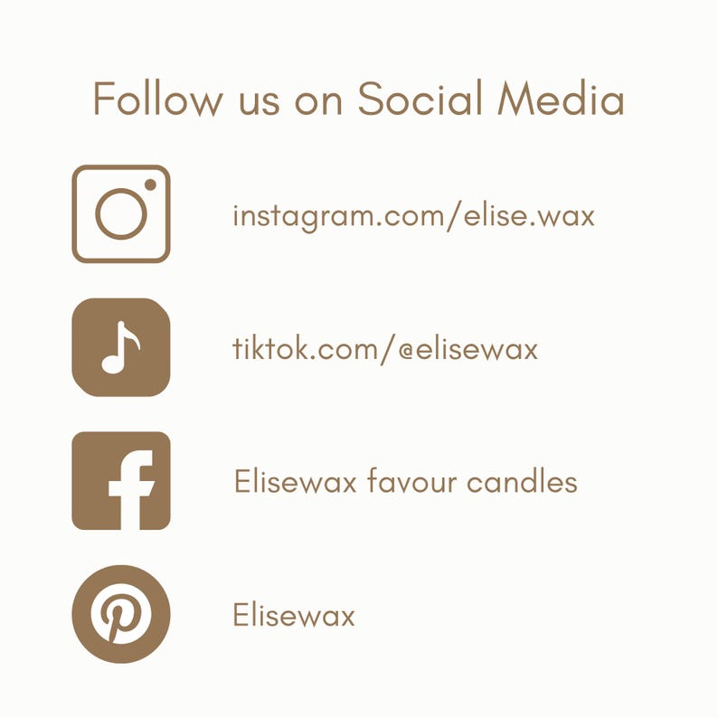 May include: Cream-colored graphic with the text "Follow us on Social Media." Includes social media icons for Instagram, TikTok, Facebook, and Pinterest, with corresponding usernames and business names.